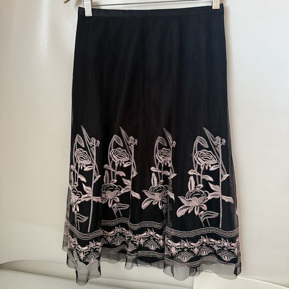 Boho Evening Vintage Look Rockabilly Black Pink Embroidery Mesh Overlay Skirt 6 - Picture 2 of 9